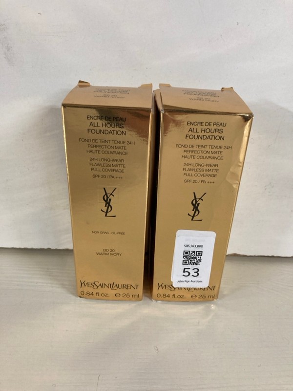 Lot 53  
            Nottingham SR5 - Delivery Only 

                
2 X YVES SAINT LAURENT ENCRE DE PEAU ALL HOURS FOUNDATIONS 25ML