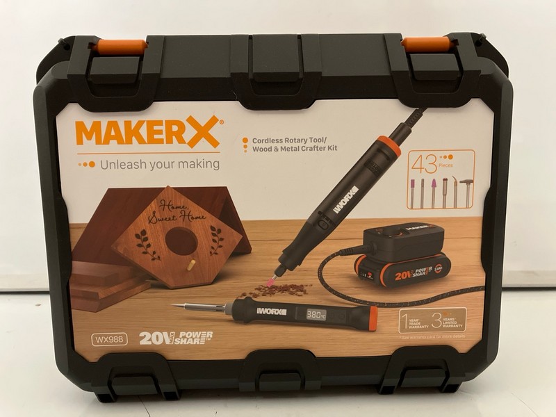 Lot 38  
            Nottingham SR6 - Delivery Only 

                
WORX MAKERX CORDLESS ROTARY TOOL / WOOD & METAL CRAFTER KIT WX988