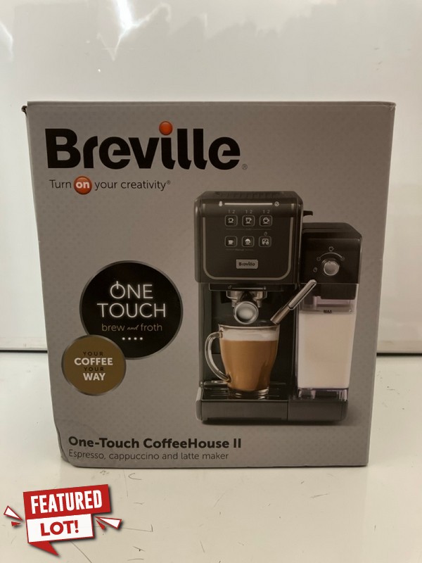 Lot 3  
            Nottingham SR6 - Delivery Only 

                
BREVILLE ONE-TOUCH COFFEE HOUSE II ESPRESSO, CAPPUCCINO AND LATTE MAKER ORIGINAL ...