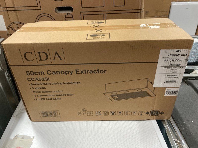Lot 150  
            Nottingham SR2 - Collection Only 

                
CDA 50CM CANOPY EXTRACTOR MODEL NO: CCA52SI (COLLECTION ONLY)
