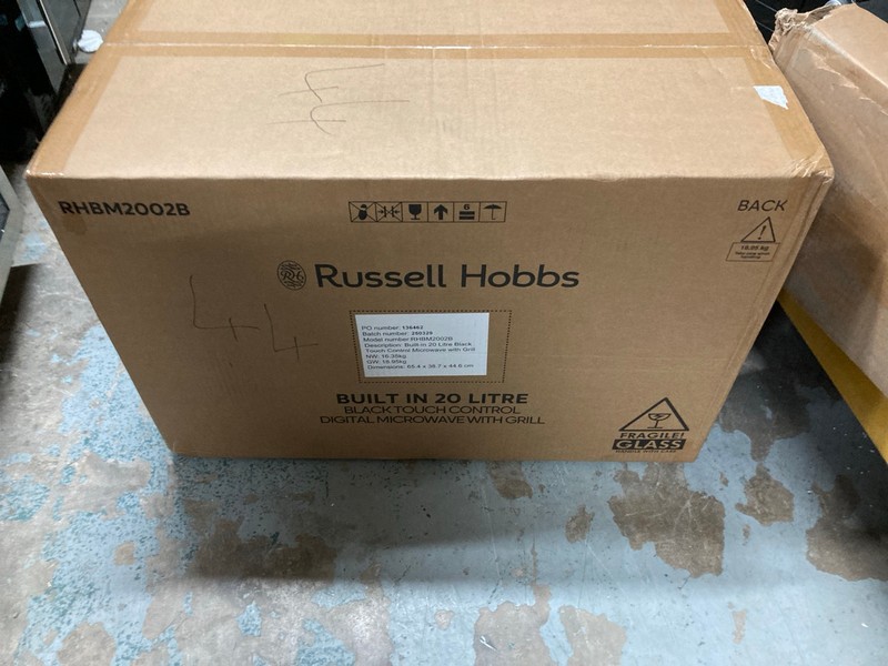 Lot 178  
            Nottingham SR2 - Collection Only 

                
RUSSELL HOBBS BUILT IN 20 LITRE TOUCH CONTROL DIGITAL MICROWAVE WITH GRILL  (COLL...