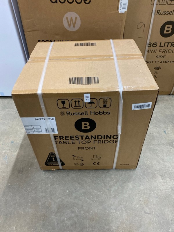 Lot 81  
            Nottingham SR2 - Delivery or Collection 

                
RUSSELL HOBBS FREESTANDING TABLE TOP FRIDGE MODEL NO: RHTTFOE1B