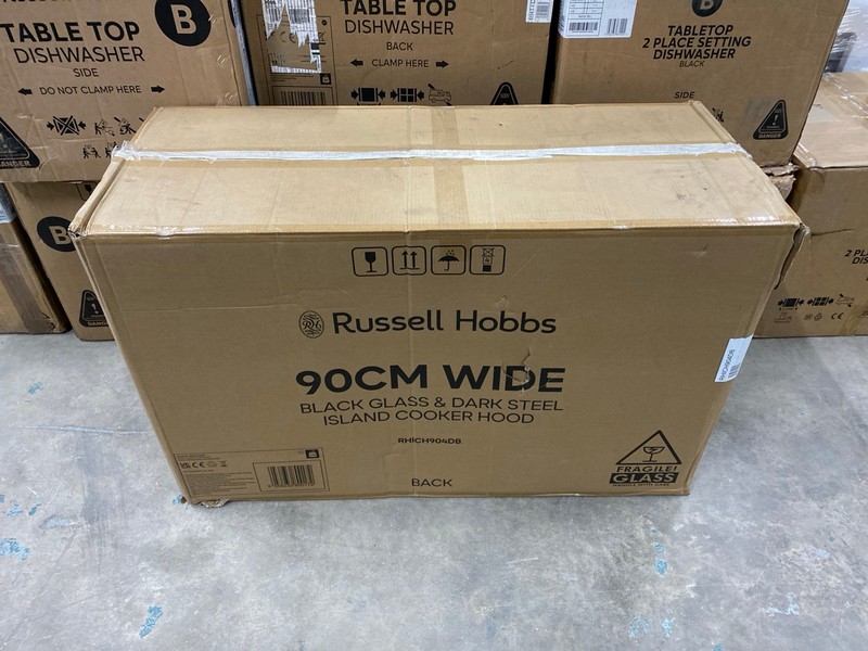Lot 92  
            Nottingham SR2 - Collection Only 

                
RUSSELL HOBBS 90CM WIDE BLACK GLASS AND DARK STEEL ISLAND COOKER HOOD MODEL NO:RH...