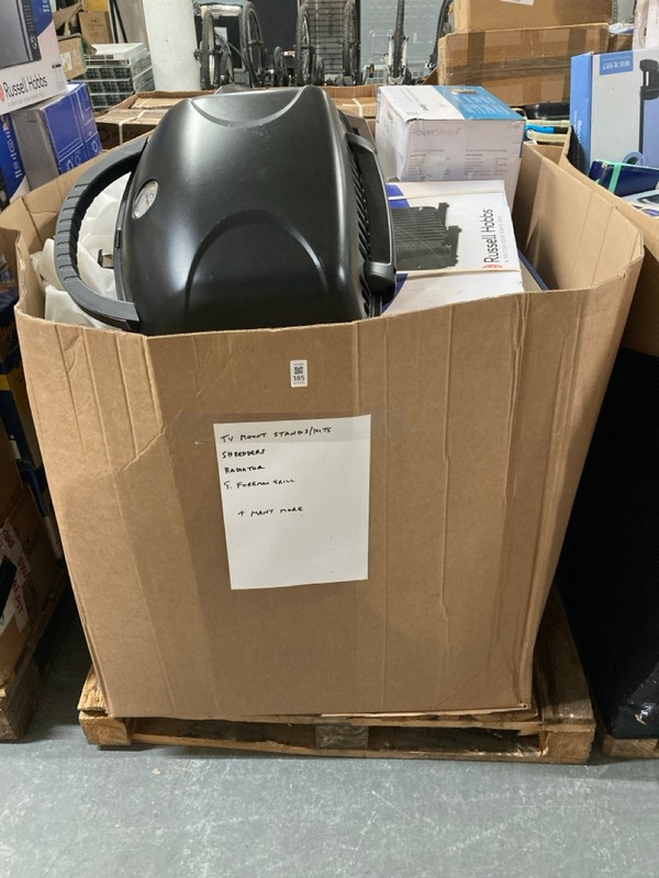 Lot 185  
            Nottingham SR6 - Delivery Or Collection 

                
PALLET OF ITEMS TO INC TV MOUNTS, RADIATOR, SHREDDERS AND GEORGE FOREMAN GRILL (A...