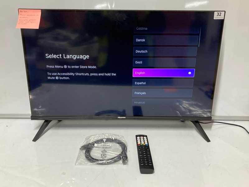 Lot 32  
            Nottingham SR6 - Delivery Or Collection 

                
HISENSE 32" TV MODEL: 32E4NTUK (WITH REMOTE, STAND, NO BOX) (SCRATCHES ON SCREEN)...