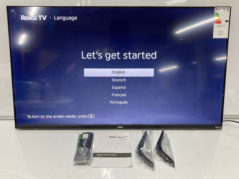 Lot 43  
            Nottingham SR6 - Delivery Or Collection 

                
RCA ROKU 40" TV MODEL: RK40FQ1 (WITH REMOTE, STAND AND BOX) ORIGINAL RRP: £140.00