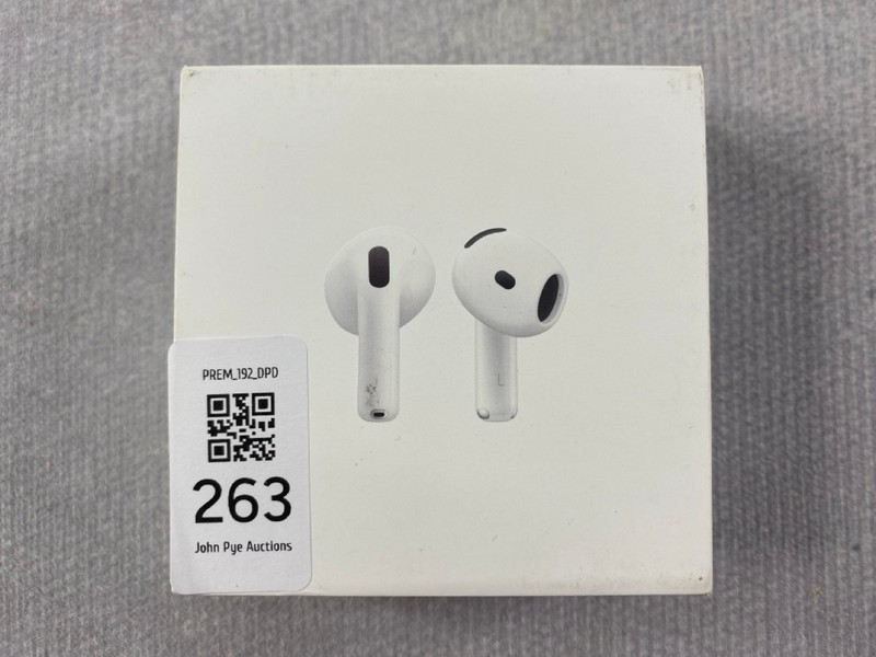 Lot 263  
            Nottingham Prem - Delivery Only 

                
APPLE AIRPODS 4 EARPHONES: MODEL NO A3050 A3053 A3058 (WITH BOX)  [JPTN48600]