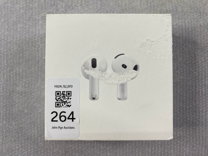 Lot 264  
            Nottingham Prem - Delivery Only 

                
APPLE AIRPODS 4 EARPHONES: MODEL NO A3050 A3053 A3058 (WITH BOX)  [JPTN48598]