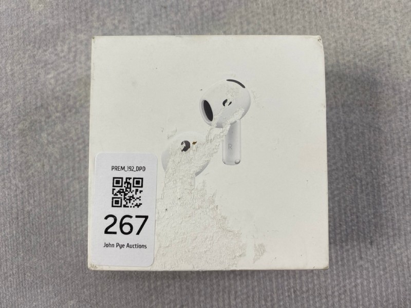 Lot 267  
            Nottingham Prem - Delivery Only 

                
APPLE AIRPODS 4 EARPHONES: MODEL NO A3050 A3053 A3058 (WITH BOX)  [JPTN48604]