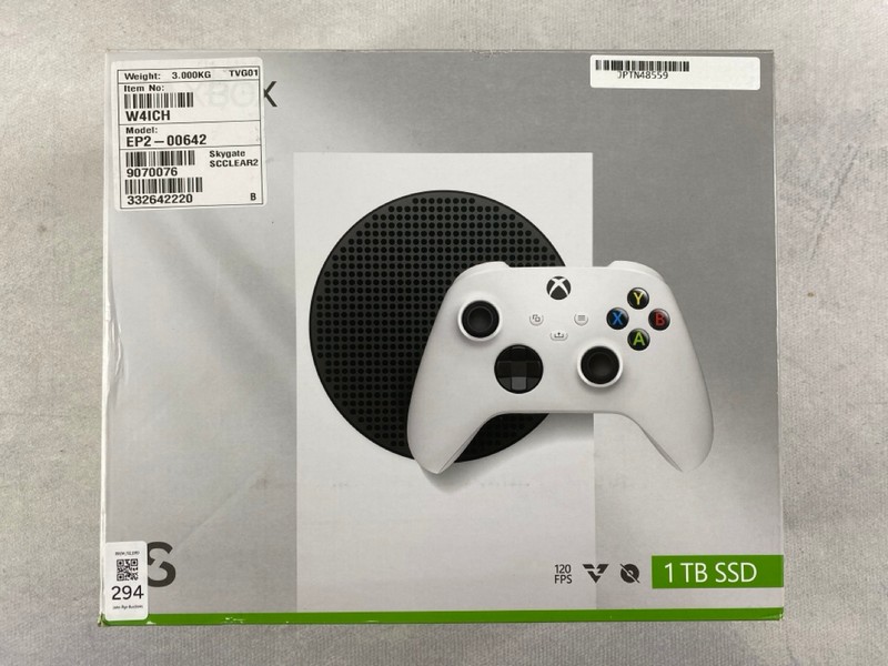 Lot 294  
            Nottingham Prem - Delivery Only 

                
MICROSOFT XBOX SERIES S (1TB) GAME CONSOLE IN WHITE: MODEL NO 1882 (WITH BOX REMO...