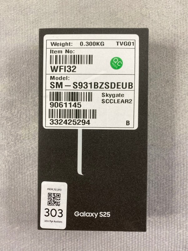 Lot 303  
            Nottingham Prem - Delivery Only 

                
SAMSUNG GALAXY S25 128GB SMARTPHONE IN SILVER SHADOW: MODEL NO SM-S931B/DS (WITH ...
