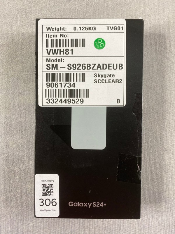 Lot 306  
            Nottingham Prem - Delivery Only 

                
SAMSUNG GALAXY S24+ 256GB SMARTPHONE IN MARBLE GREY: MODEL NO SM-S926B/DS UD (WIT...