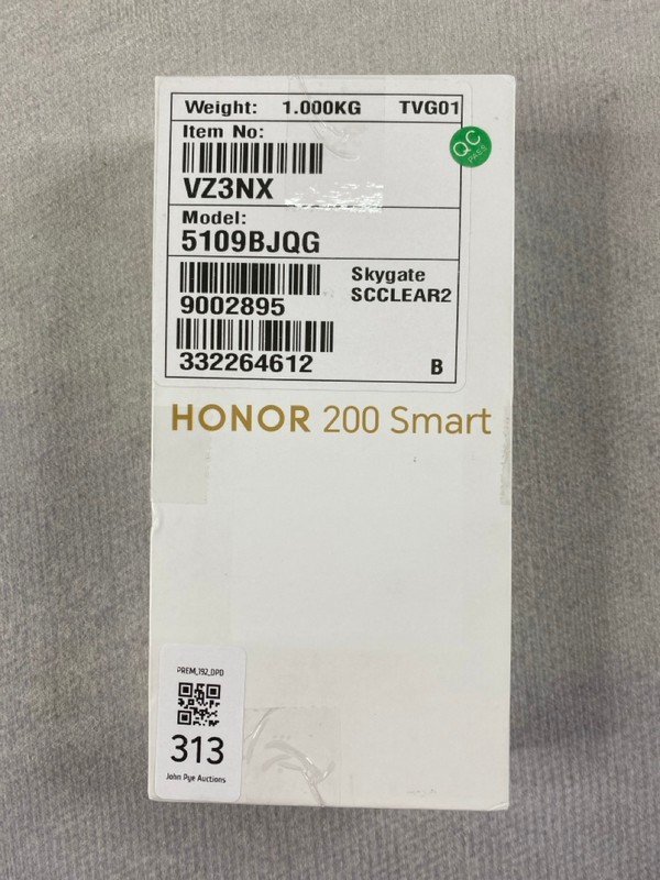 Lot 313  
            Nottingham Prem - Delivery Only 

                
HONOR 200 SMART 256GB SMARTPHONE IN BLACK: MODEL NO CLT-LX1 (WITH BOX & ACCESSORI...