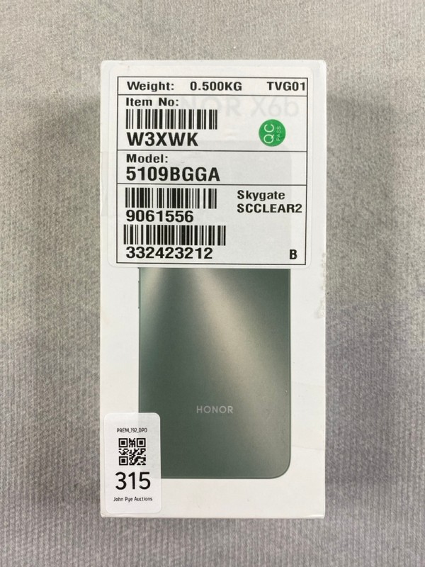 Lot 315  
            Nottingham Prem - Delivery Only 

                
HONOR X6B 128GB SMARTPHONE IN FOREST GREEN: MODEL NO CRT-NX1 (WITH BOX & ACCESSOR...