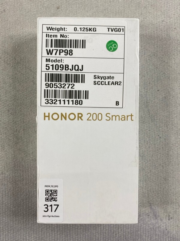 Lot 317  
            Nottingham Prem - Delivery Only 

                
HONOR 200 SMART 256GB SMARTPHONE IN FOREST GREEN: MODEL NO CLT-LX1 (WITH BOX & AC...