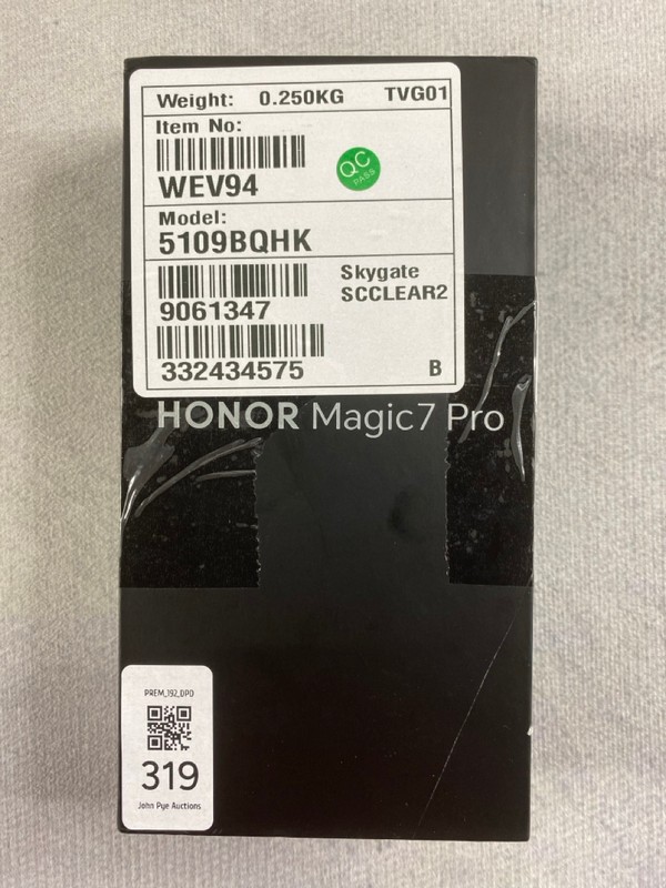 Lot 319  
            Nottingham Prem - Delivery Only 

                
HONOR MAGIC 7 PRO 512GB SMARTPHONE IN SHADOW GREY: MODEL NO PTP-N49 (WITH BOX & A...
