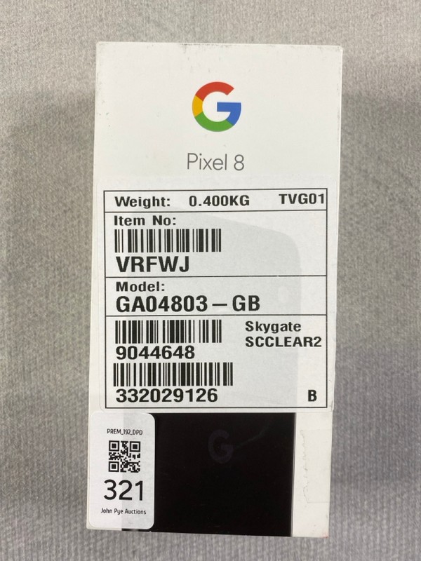 Lot 321  
            Nottingham Prem - Delivery Only 

                
GOOGLE PIXEL 8 128GB SMARTPHONE IN BLACK. (WITH BOX & ACCESSORIES)  [JPTN48635]
