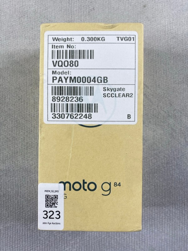 Lot 323  
            Nottingham Prem - Delivery Only 

                
MOTOROLA MOTO G84 256GB SMARTPHONE IN MIDNIGHT BLUE. (WITH BOX & ACCESSORIES)  [J...