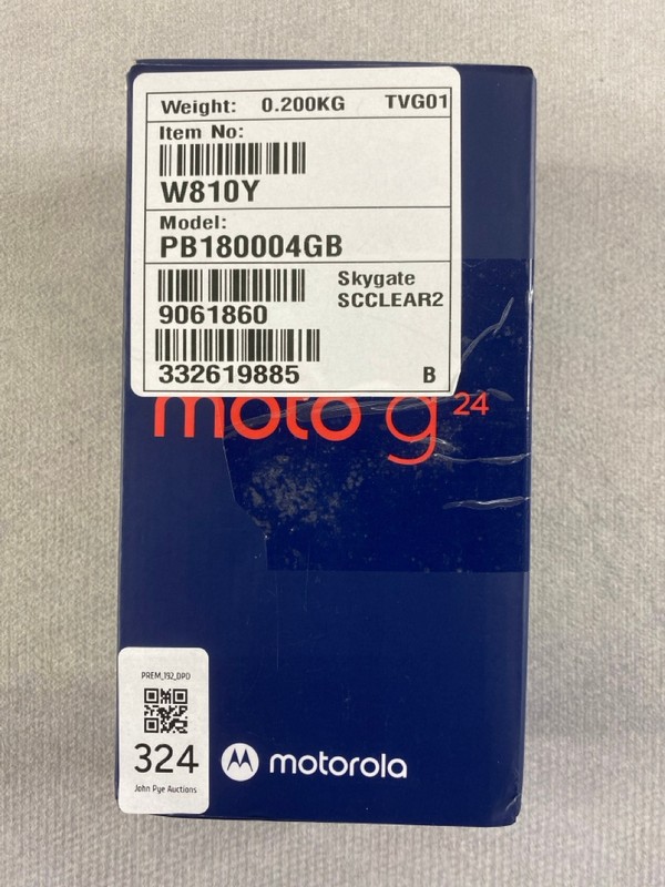 Lot 324  
            Nottingham Prem - Delivery Only 

                
MOTOROLA MOTO G24 128GB SMARTPHONE IN ICE GREEN. (WITH BOX & ACCESSORIES)  [JPTN4...