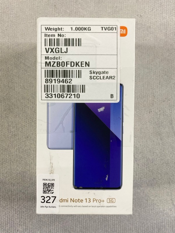 Lot 327  
            Nottingham Prem - Delivery Only 

                
REMI NOTE 13 PRO+ 512GB SMARTPHONE IN PURPLE. (WITH BOX & ACCESSORIES)  [JPTN48639]