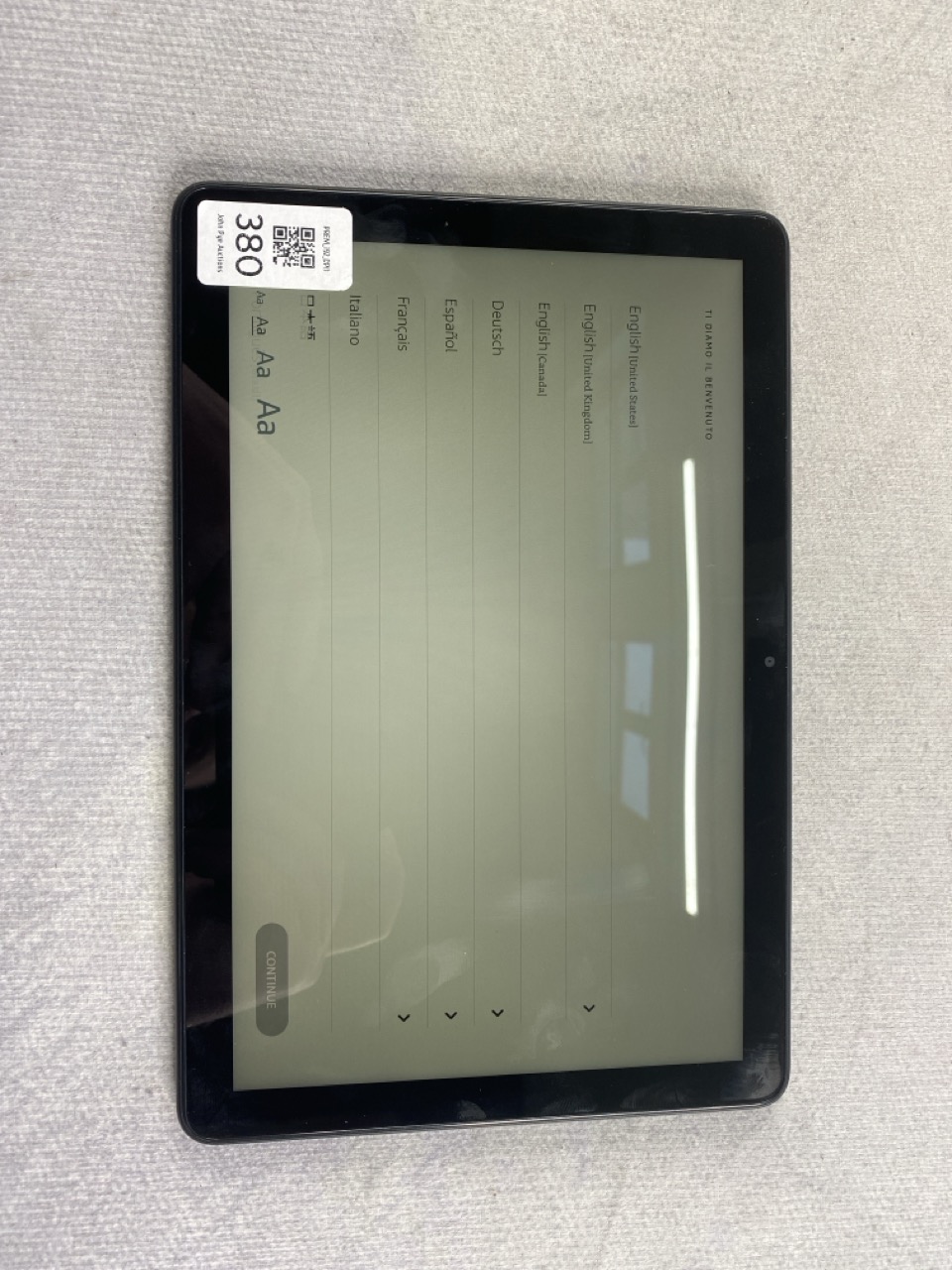Lot 380  
            Nottingham Prem - Delivery Only 

                
FIRE HD 10 (13TH GEN) 32GB TABLET WITH WIFI: MODEL NO TG425K  [JPTN48520]