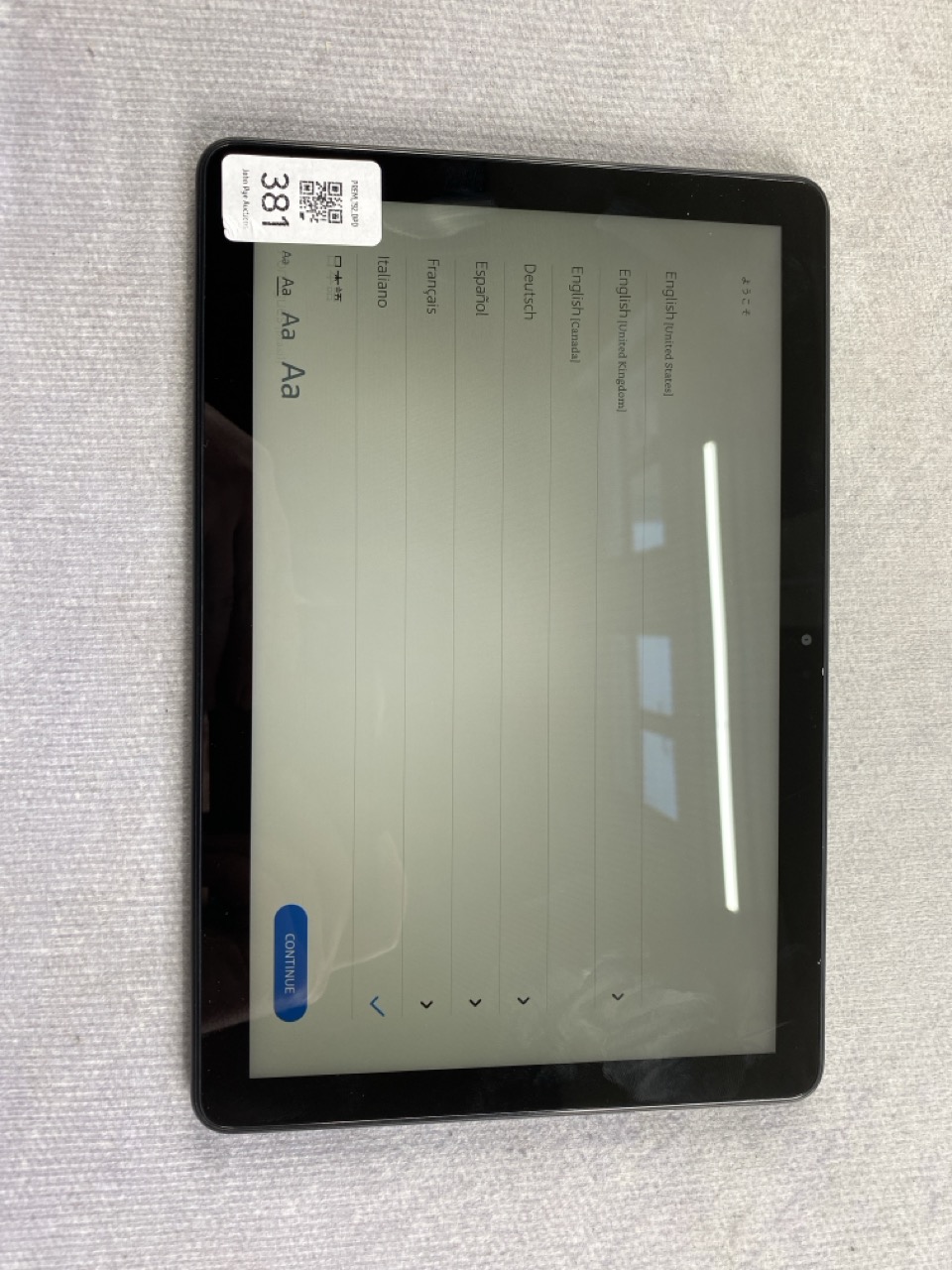 Lot 381  
            Nottingham Prem - Delivery Only 

                
FIRE HD 10 (13TH GEN) 32GB TABLET WITH WIFI: MODEL NO TG425K  [JPTN48524]