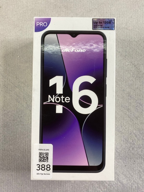 Lot 388  
            Nottingham Prem - Delivery Only 

                
ULEFONE NOTE 16 PRO 128GB SMARTPHONE. (WITH BOX & ACCESSORIES)  [JPTN48532]
