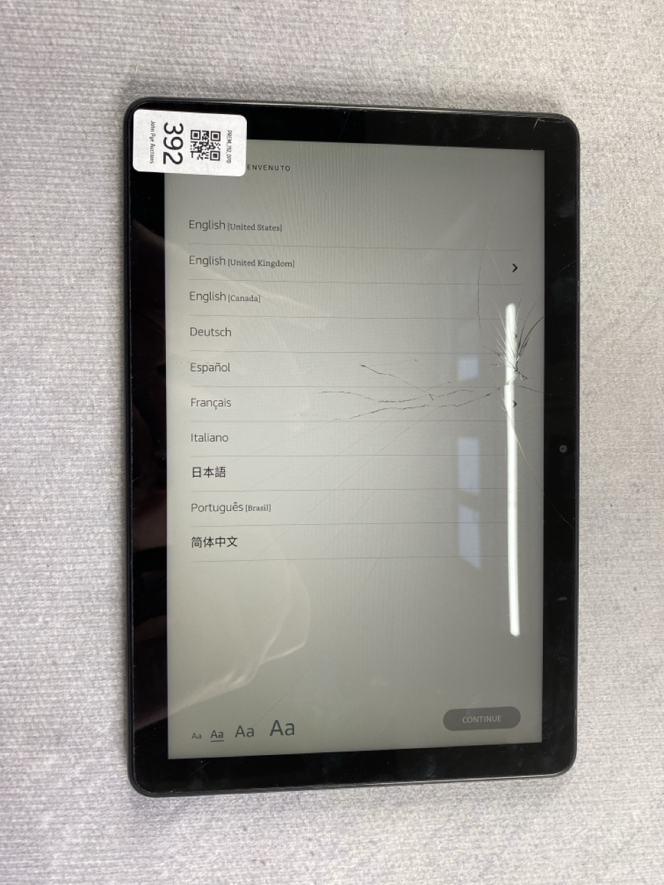 Lot 392  
            Nottingham Prem - Delivery Only 

                
FIRE HD 10 (13TH GEN) 32GB TABLET WITH WIFI: MODEL NO TG425K (CRACKED SCREEN)  [J...