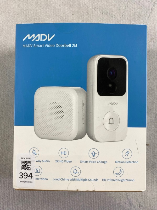 Lot 394  
            Nottingham Prem - Delivery Only 

                
MADV SMART VIDEO 2M SECURITY DOORBELL & CHIME: MODEL NO FJ07MLTZ, FJ05MLNJ (WITH ...