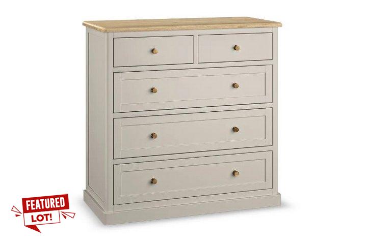 Lot 10  
            Marchington SR10 - Delivery or Collection 

                
OAK FURNITURELAND HENLEY NATURAL OAK AND STONE PAINTED HARDWOOD 5 DRAWER CHEST - ...