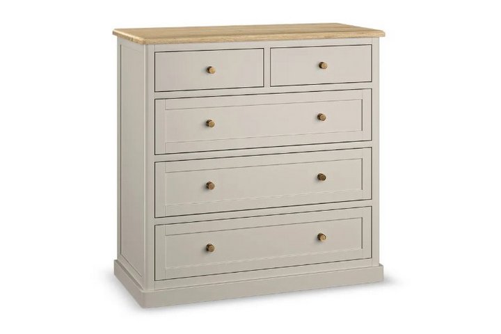 Lot 12  
            Marchington SR10 - Delivery or Collection 

                
OAK FURNITURELAND HENLEY NATURAL OAK AND STONE PAINTED HARDWOOD 5 DRAWER CHEST - ...