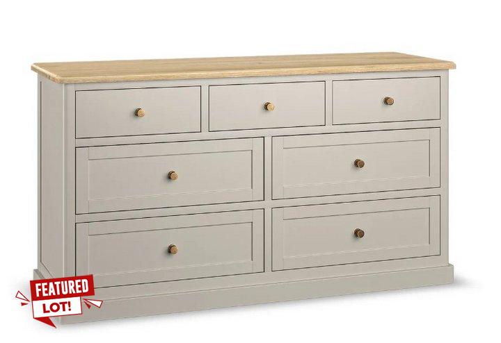 Lot 24  
            Marchington SR10 - Delivery or Collection 

                
OAK FURNITURELAND HENLEY NATURAL OAK AND STONE PAINTED HARDWOOD 7 DRAWER CHEST - ...