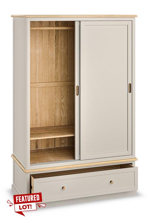 Lot 55  
            Marchington SR10 - Delivery or Collection 

                
OAK FURNITURELAND HENLEY NATURAL OAK AND STONE PAINTED HARDWOOD DOUBLE WARDROBE -...