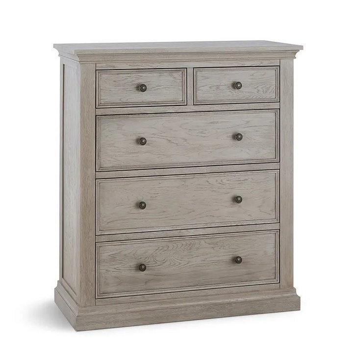 Lot 70  
            Marchington SR10 - Delivery or Collection 

                
OAK FURNITURELAND BURLEIGH LIGHT GREY 5 DRAWER CHEST (2+3) - SOLID HARDWOOD - ORI...