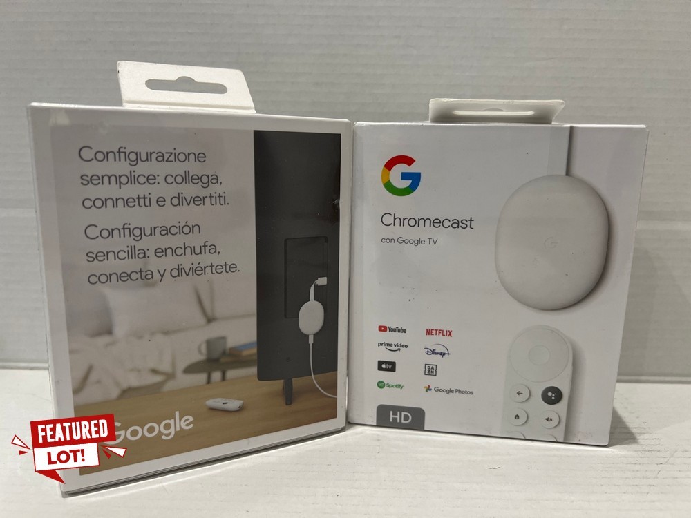 Lot 60  
            Chesterfield Tech - Parcel Delivery Only 

                
GOOGLE 2X HD CHROMECAST TV STREAMER HOME ACCESSORY (ORIGINAL RRP - £200) IN WHITE...