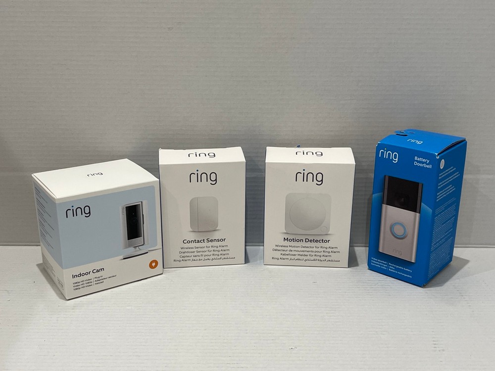 Lot 83  
            Chesterfield Tech - Parcel Delivery Only 

                
RING ALARM PACK + INDOOR CAM + VIDEO BATTERY DORBELL WITH ALARM DOOR OUTDOOR SIRE...