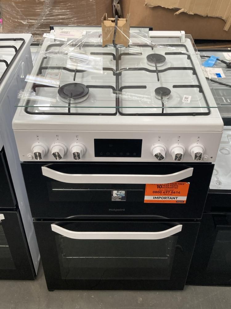 Lot 121  
            Chesterfield SR39 - Collection or Optional Delivery Available 

                
HOTPOINT 4 BURNER DOUBLE OVEN IN WHITE MODEL: HTG6GCW ORIGINAL RRP- £399 (LOCATIO...