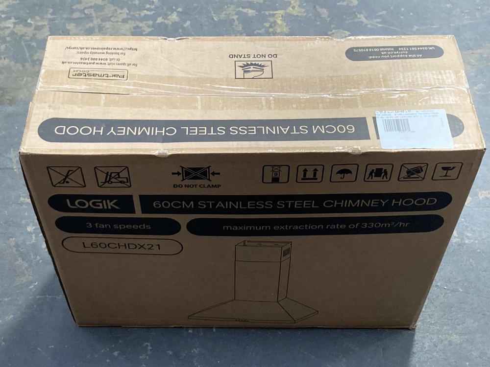 Lot 155  
            Chesterfield SR39 - Collection or Optional Delivery Available 

                
LOGIK 60CM STAINLESS STEEL CHIMNEY HOOD MODEL: L60CHDX21 (LOCATION: B RACKING)