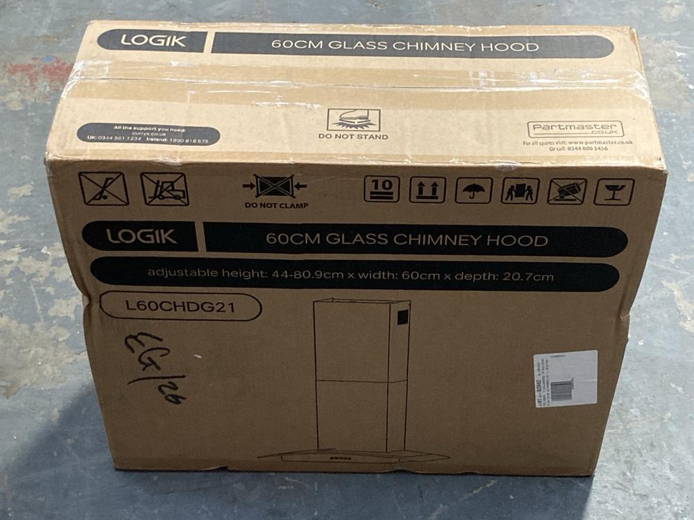 Lot 156  
            Chesterfield SR39 - Collection or Optional Delivery Available 

                
LOGIK 60CM GLASS CHIMNEY HOOD MODEL: L60CHDG21 (LOCATION: B RACKING)