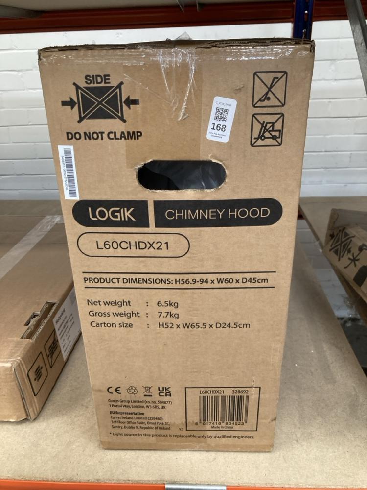 Lot 168  
            Chesterfield SR39 - Collection or Optional Delivery Available 

                
LOGIK 60CM STAINLESS STEEL CHIMNEY HOOD MODEL: L60CHDX21 (LOCATION: B RACKING)