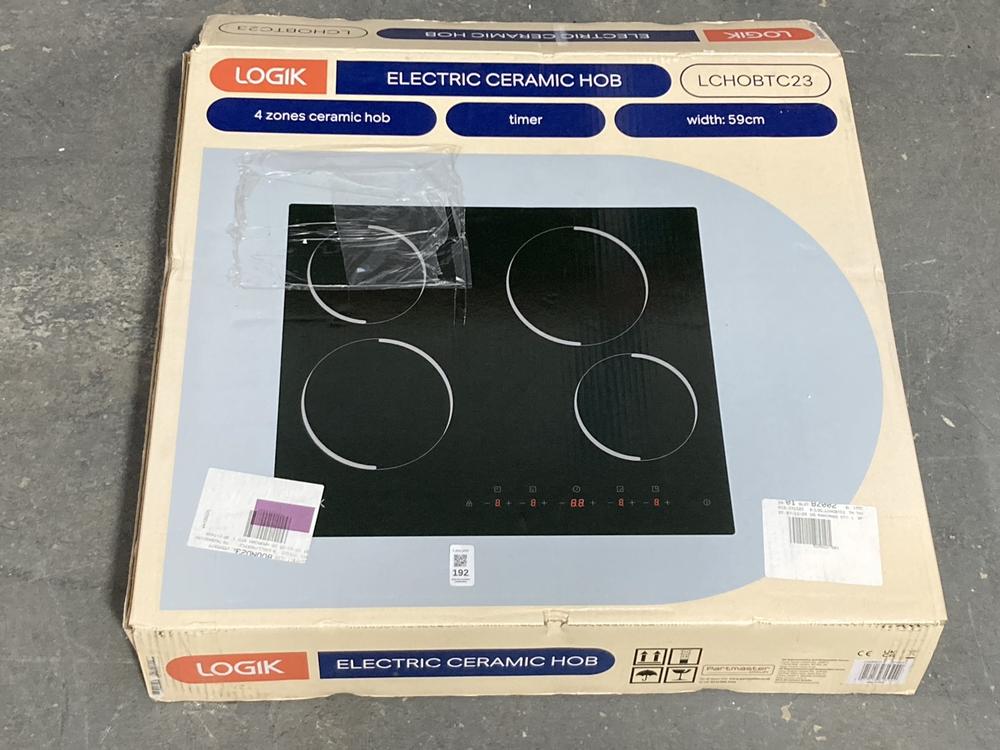 Lot 192  
            Chesterfield SR39 - Collection or Optional Delivery Available 

                
LOGIK ELECTRIC CERAMIC HOB IN BLACK MODEL: LCHOBTC23 (LOCATION: B RACKING)