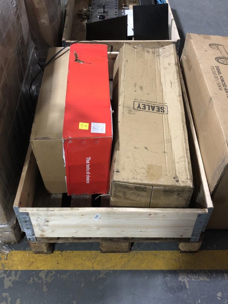 Lot 220  
            Chesterfield SR39 - Collection or Optional Delivery Available 

                
PALLET OF ASSORTED ITEMS TO INCLUDE SEALEY 300KG VERTICAL TRANSMISSION JACK MODEL...