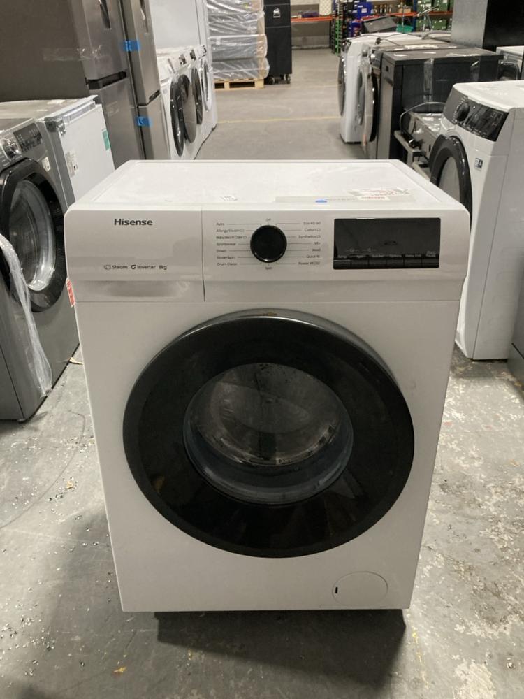 Lot 273  
            Chesterfield SR39 - Collection or Optional Delivery Available 

                
HISENSE STEAM INVERTER 8KG WASHING MACHINE IN WHITE MODEL: WF1Q8041BW ORIGINAL RR...