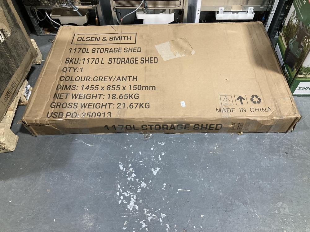 Lot 307  
            Chesterfield SR39 - Collection or Optional Delivery Available 

                
OLSEN AND SMITH 1170L STORAGE SHED IN GREY/ANTHRACITE (LOCATION: B6)