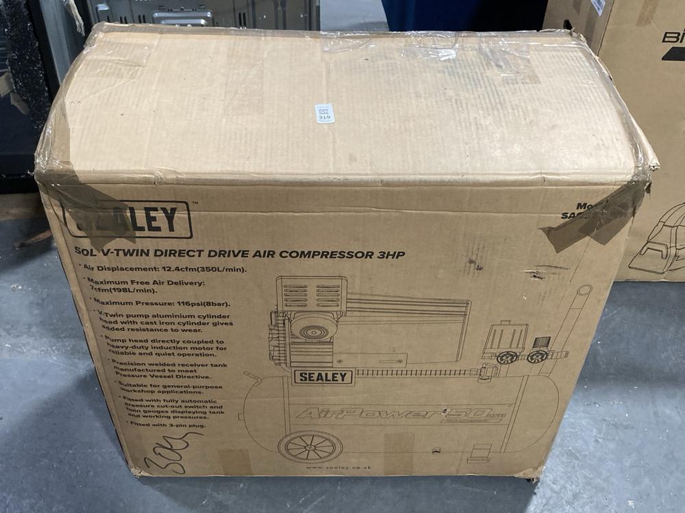 Lot 319  
            Chesterfield SR39 - Collection or Optional Delivery Available 

                
SEALEY 50L V-TWIN DIRECT DRIVE AIR COMPRESSOR 3HP ORIGINAL RRP- £252 (LOCATION: B6)