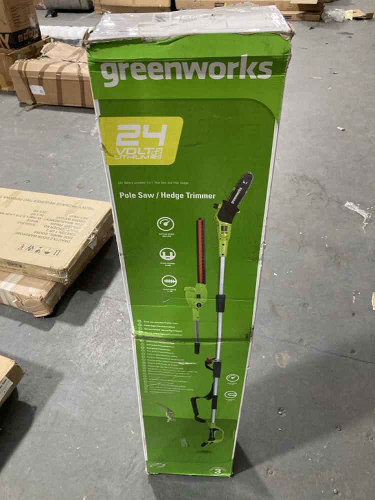 Lot 379  
            Chesterfield SR39 - Collection or Optional Delivery Available 

                
GREENWORKS POLE HEDGE TRIMMER (LOCATION: B RACKING)