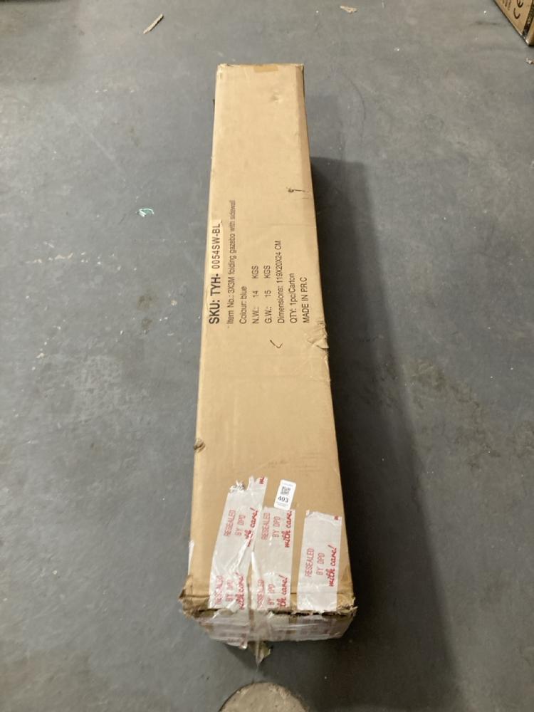 Lot 403  
            Chesterfield SR39 - Collection or Optional Delivery Available 

                
3 X 3M FOLDING GAZ2EBO WITH SIDES IN BLUE (LOCATION: B RACKING)