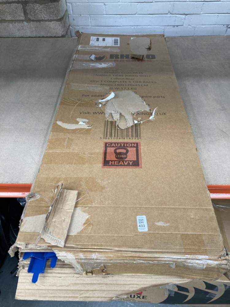 Lot 433  
            Chesterfield SR39 - Collection or Optional Delivery Available 

                
RHINO RACKING 5 TIER 200KG SHELF IN BLUE (LOCATION: B RACKING)