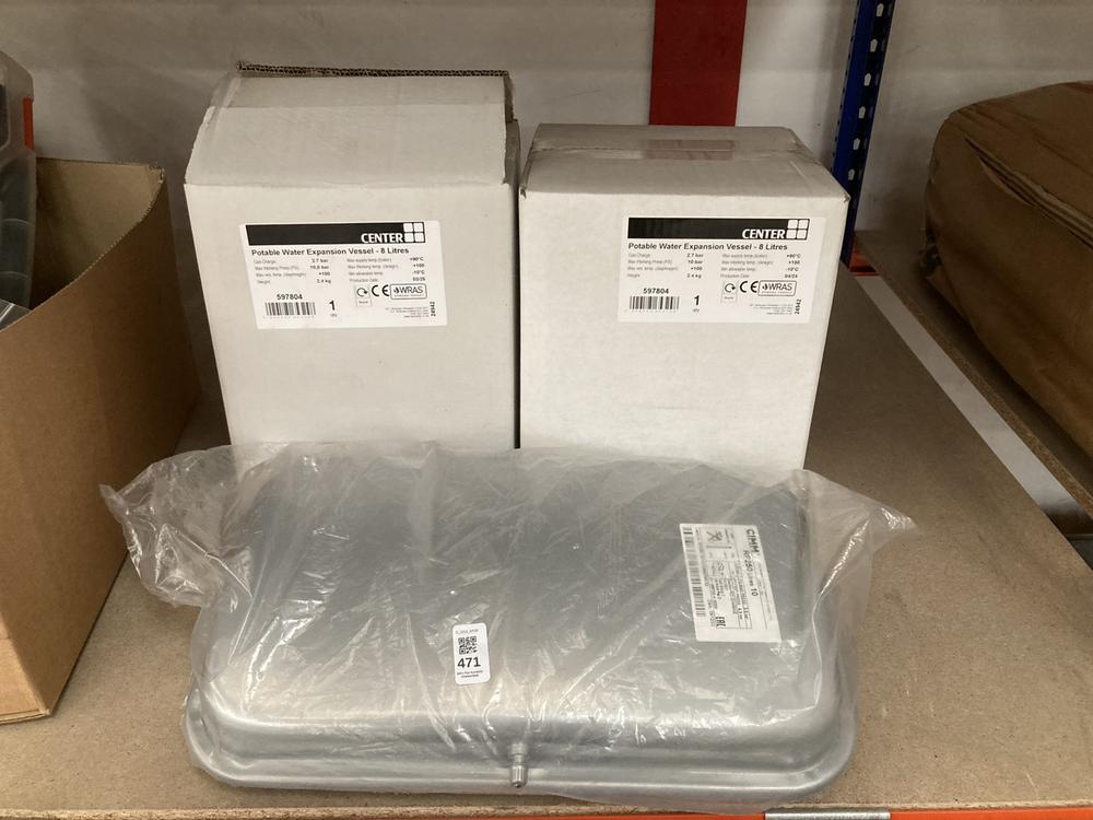 Lot 471  
            Chesterfield SR39 - Collection or Optional Delivery Available 

                
3 X ASSORTED ITEMS TO INCLUDE POTABLE WATER EXPANSION VESSEL 8L (LOCATION: A RACK...