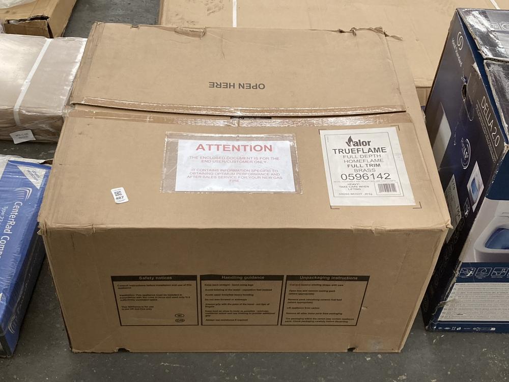 Lot 487  
            Chesterfield SR39 - Collection or Optional Delivery Available 

                
VALOR TRUEFLAME FULL DEPTH HOMEFLAME FULL TRIM IN BRASS ORIGINAL RRP- £658 (LOCAT...